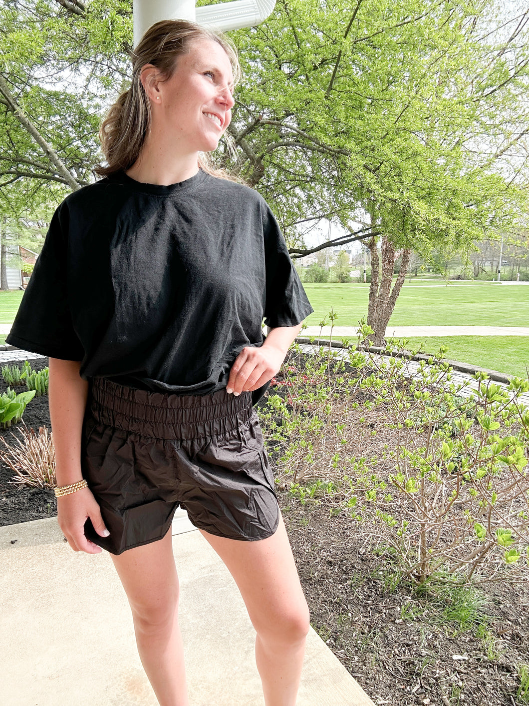 Black Elastic Smocked Waistband Athletic Shorts